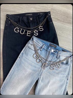 Guess Y2K Stainless Steel Rhinestone Crystal Logo Chain Belt Purse Charm Chain